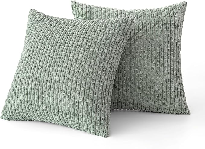 MIULEE Pack of 2 Decorative Throw Pillow Covers 20x20 Inch Soft Boho Striped Textured Corduroy Pillow Covers Modern Farmhouse Home Decor for Couch Bed Sofa Living Room Greyish Green