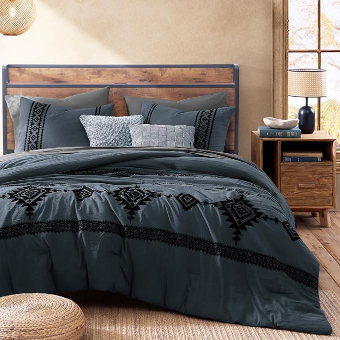 MaiRêve Embroidery King Size Comforter Set Blue Grey, Boho Farmhouse Western Bedding Set 7 Pieces, All Season Bed in A Bag Comforter Set with Sheets, Pillowcases & Shams