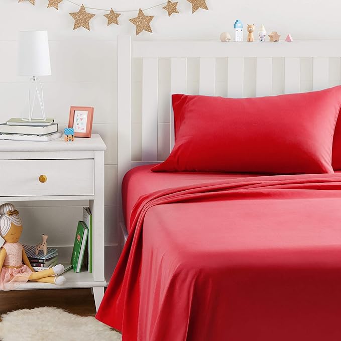 Amazon Basics Kid's Soft Easy-Wash Lightweight Microfiber 3-Piece Sheet Set, Twin, Red, Solid (Pack of 4)