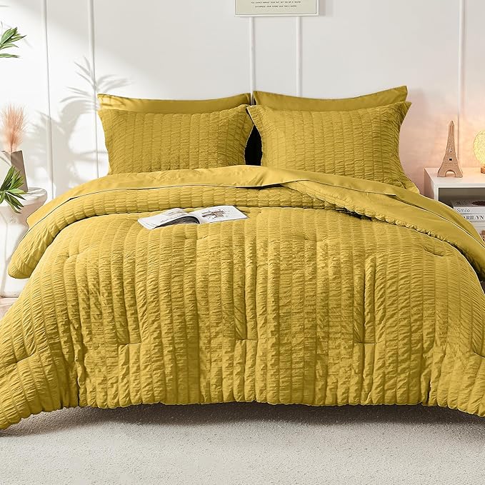 HYMOKEGE Mustard Yellow Twin Comforter Set Seersucker 5 Pieces, All Season Luxury Bed in a Bag for Bedroom, Bedding Set with Comforter, Sheets, Pillowcase & Sham
