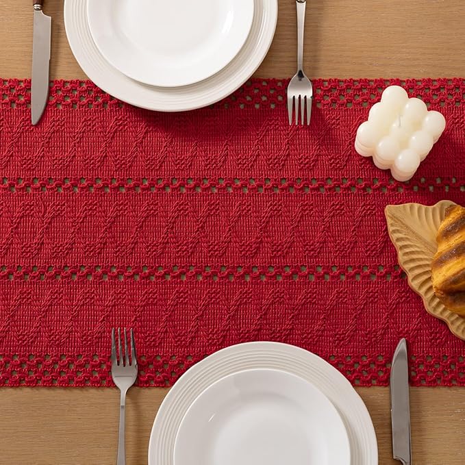 Socomi Boho Table Runner Valentine's Day Farmhouse Rustic Dining Kitchen Centerpiece Decor Small Macrame Woven Cotton Linen Coffee Table Runner for Dresser Scarf Home Decor 12x72 in Red