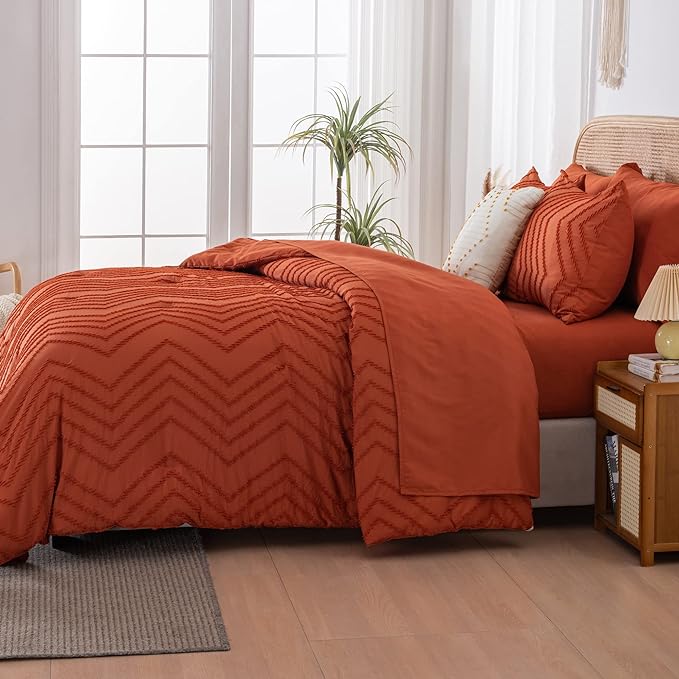 Litanika Oversized King Size Comforter Set with Sheets Burnt Orange - 7 Pieces Bed in a Bag Oversized King Boho Tufted Complete Bedding Sets with Comforter, Sheets, Pillowcases & Shams