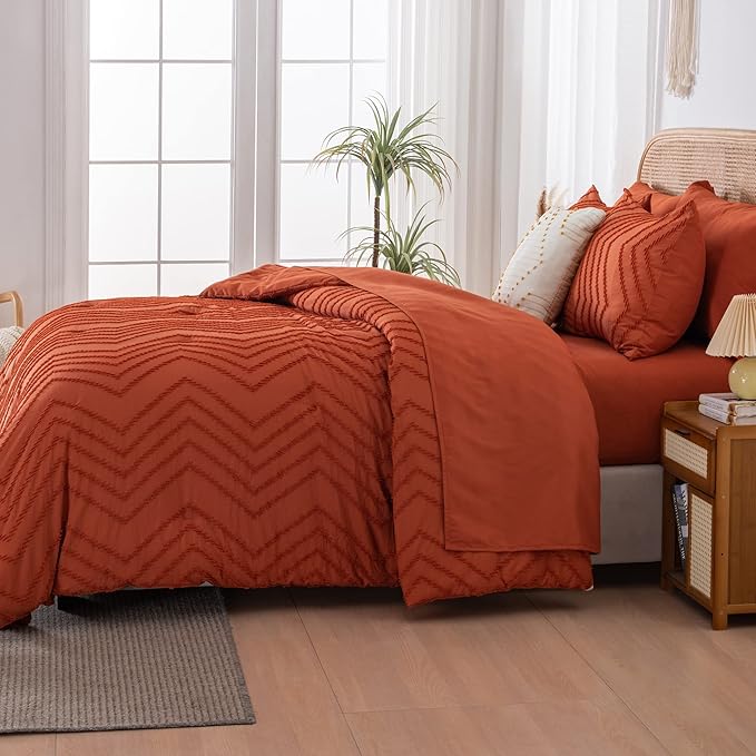 Litanika Oversized Queen Size Comforter Set with Sheets Burnt Orange - 7 Pieces Bed in a Bag Oversized Queen Boho Tufted Complete Bedding Sets with Comforter, Sheets, Pillowcases & Shams