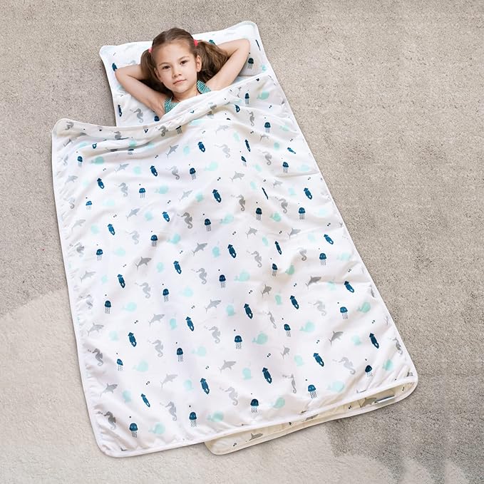 Toddler Nap Mat with Blanket 50" x 21" x 1.5", Nap Mat for Boys Girls Super Soft and Cozy, Kids Sleeping Bag for Preschool, Daycare, Toddler Sleeping Bag, White