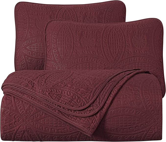 Chezmoi Collection Austin 3-Piece Oversized Bedspread Coverlet Set (Queen, Burgundy)