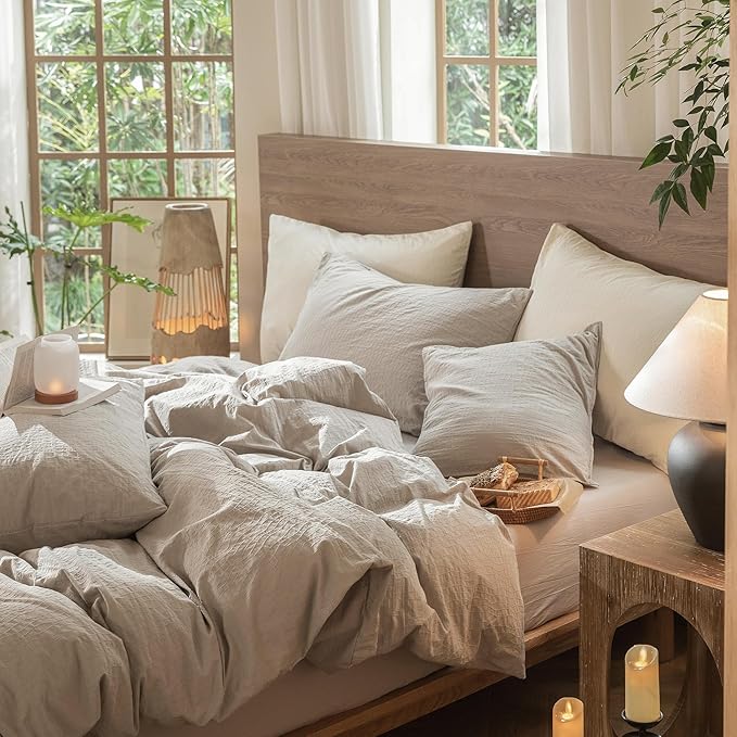 MooMee Wavy Striped Duvet Cover Set 100% Washed Cotton Linen Like Textured Breathable Durable Soft Comfy (Beige, Palatial King/Oversized King 120"x98")