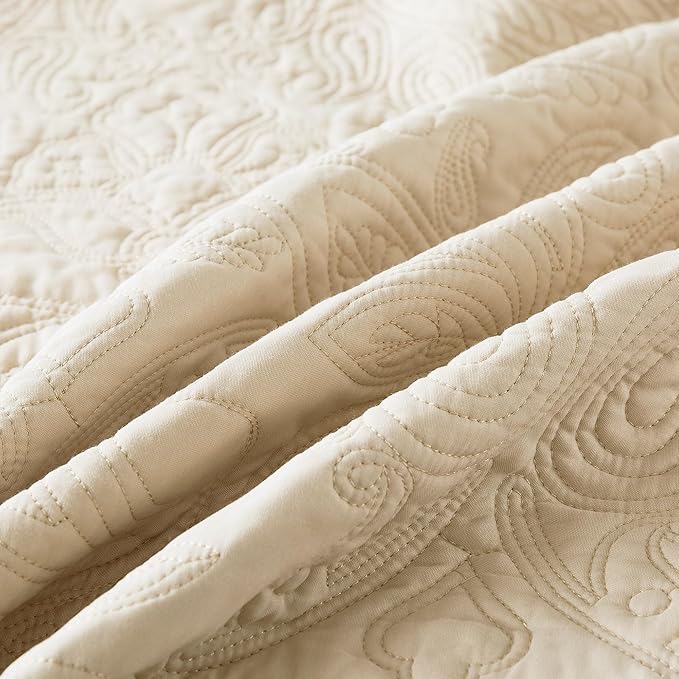 HoneiLife Quilt Set King Size - 3 Piece Embroidered Microfiber Bedspread Reversible Coverlet Lightweight Bedcover Paisley Pattern Bedding Set All Season Quilts-Khaki
