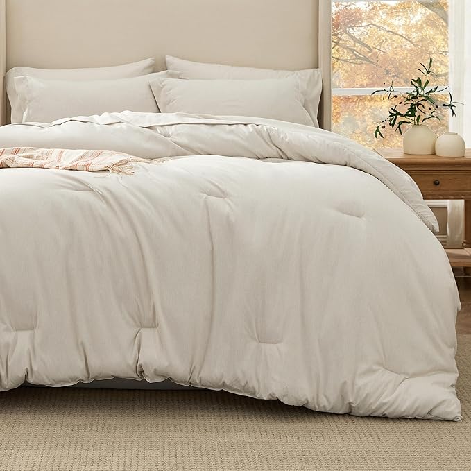 Bedsure Queen Comforter Set Beige - Bed in a Bag Queen Size Bedding 7 Pieces, Cationic Dyed Bed Set Gift for Family, Beige Soft Bedding for All Seasons Comforter with Sheets, Pillowcases & Shams