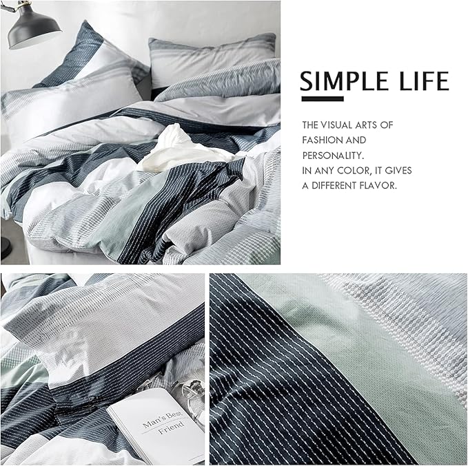 LifeTB Full Comforter Set Blue Grey Striped Bedding Comforter Set Lightweight Soft All Seasons Bedding Sets Fluffy Down Alternative Comforter 3 Pieces Bed Set 1 Striped Comforter with 2 Pillow Shams