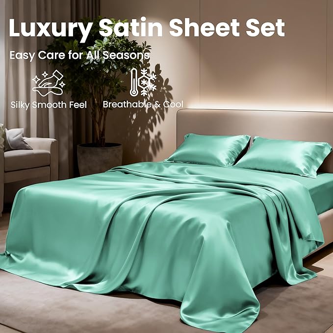 Love's cabin Satin Queen Sheets Set - 4 Piece Aqua Silky Bed Sheets with Deep Pocket, Luxury Silk Feel Satin Queen Size Sheet Set (1 Flat Sheet,1 Fitted Sheet,2 Pillow Cases)