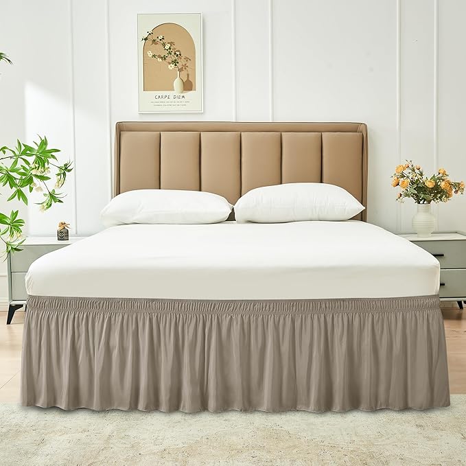 Biscaynebay Wrap Around Bed Skirts for King & Cal King Beds Short Drop of 12", Taupe Adjustable Elastic Dust Ruffles Easy Fit Wrinkle Resistant Silky Luxurious Fabric Machine Washable
