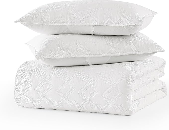 WDCOZY 100% Cotton Queen Size Quilt Set - White Pre-Washed Soft Lightweight Modern Bedspread, Farmhouse Country Rustic Coverlet, Textured Like Linen, Shabby Chic Gauze Bedding, 3 Pieces
