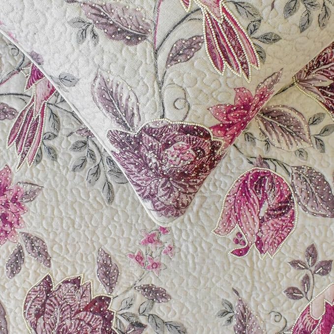 The HomeCentric King/Queen/Twin Pink Decorative King 90"x18" Bed Runner Without Pillow Cover, Quilted, Printed & Pearl Embroidery Bed Scarf on Cotton Fabric - Vintage Birdie