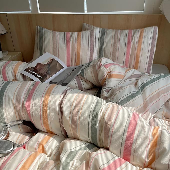 LifeTB Striped Duvet Cover Set King, 100% Washed Cotton Multicolor Stripes Pattern Printed Comforter Cover, Farmhouse 3 Pieces Colorful Striped Bedding Set Breathable Duvet Cover with 2 Pillowcases
