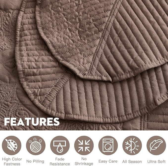 HZ & HY Oversized King Bedspread 128x120 Extra Wide, Quilted Coverlet Bedding Set, Lightweight Thin Comforter, Reversible, 5 Piece, 100% Microfiber, Mocha