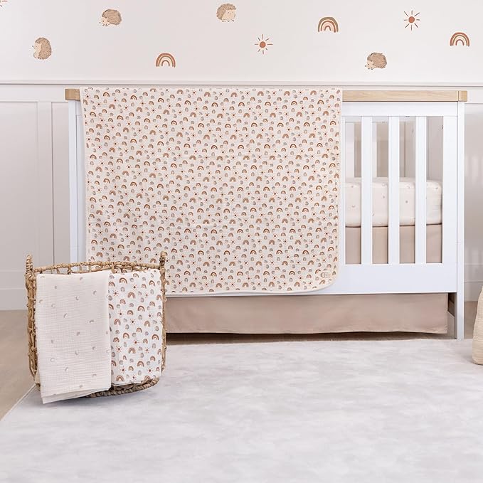 Muslin Baby Blankets Neutral, 40"x36" Toddler Blanket, Reversible Soft Baby Blankets for Boys & Girls, 100% Cotton Toddler Bed Blanket Oeko-TEX Designed in France - Rainbow + Beige Nursery Blanket