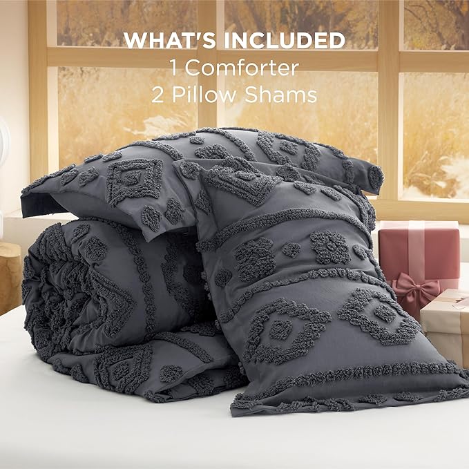 Bedsure Boho Tufted Grey Comforter King Size, GentleSoft™ 3 Pieces Boho Farmhouse Decor Bedding, Exquisite Shabby Chic Bedding for All Seasons, 1 Bed Comforter, 2 Pillow Shams, 104x90 Inches
