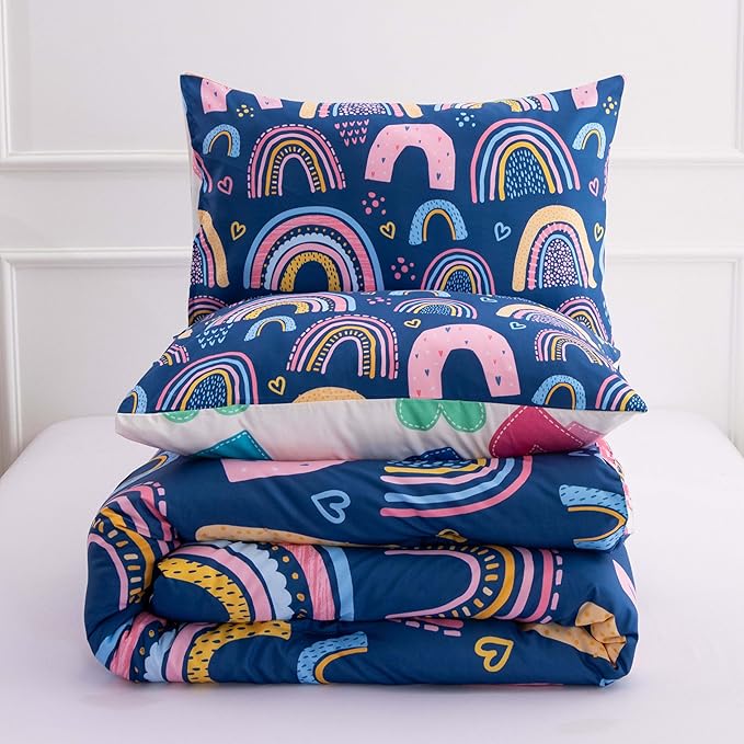 Btargot Lightweight Soft 3 Piece Rainbow Comforter Set with 2 Pillow Covers, Cartoon Love Hearts Suns and Stars Bedding Set for Girls Boys Kids, Full Dark Blue