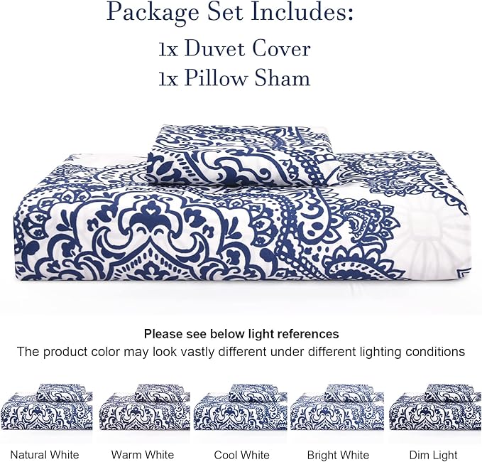 PHF Ultra Soft Paisley Duvet Cover Twin Size, Printed Bedding Set 2 Pieces, Comfy Farmhouse Pattern Duvet Cover Set with 1 Pillow Shams, Zipper Closure and 6 Ties, 68"x90", Royal Blue & White