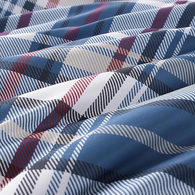 Plaid Queen Size Comforter Set Medium Blue, Bedding Set 7 Pieces for Boys Girls Teen, Lightweight All Season Bed in a Bag with Sheets, Pillowcases & Shams