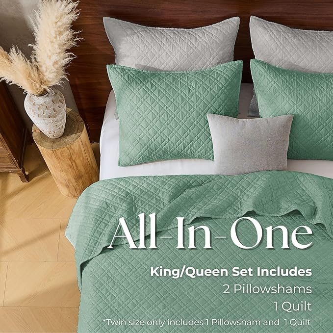 DOWN HOME Twin Quilt Set with Sham Lightweight Quilted Bedspread Coverlet Thin Comforter Bed Cover Vintage Washed Quilted Blanket for All Season, Brushed Microfiber Diamond Stitching, Green, 66"x92"