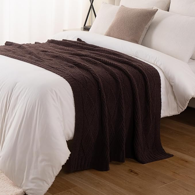 Battilo Brown Diamond Knit Throw Blanket for Couch and Bed, Soft Textured Chenille Blanket, Cozy Lightweight Decorative Blanket for Sofa, 50"x60"