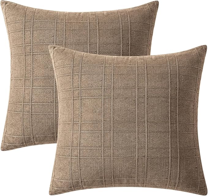 MIULEE Decorative Linen Check Throw Pillow Covers Neutral Farmhouse Vintage Pillow Covers 16x16 Set of 2 Boho Modern Winter Home Decor for Sofa Couch Bedroom Cushion Light Brown