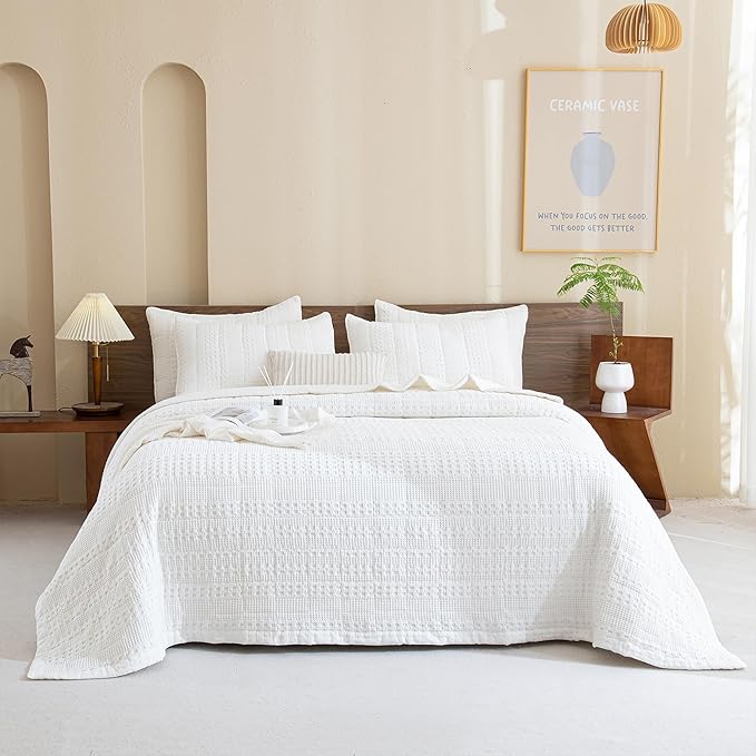 Sanracie Cotton Oversized King Bedspread(128"x120"),White Waffle Quilt Set 3Pcs Soft Lightweight Extra Large King Quilt Bedding Set,Farmhouse Coverlet Quilt Set Shabby Vintage Chic Bedding Set