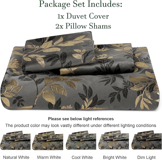 PHF Truly Velvet Duvet Cover Set King Size, 3pcs Leaves Print Ultra Soft Breathable Comforter Cover Set, Luxury Cozy Flannel Duvet Cover with Pillow Shams Bedding Collection, 104" x 90", Grey and Gold