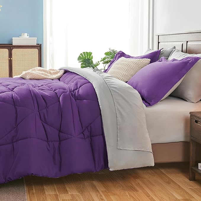 BEDELITE King Size Comforter Set 7 Pieces Bed in A Bag - Soft Microfiber Reversible Purple Bed Set with Comforters, Sheets, Pillowcases & Shams, Cozy Luxury Bedding Sets for All Season