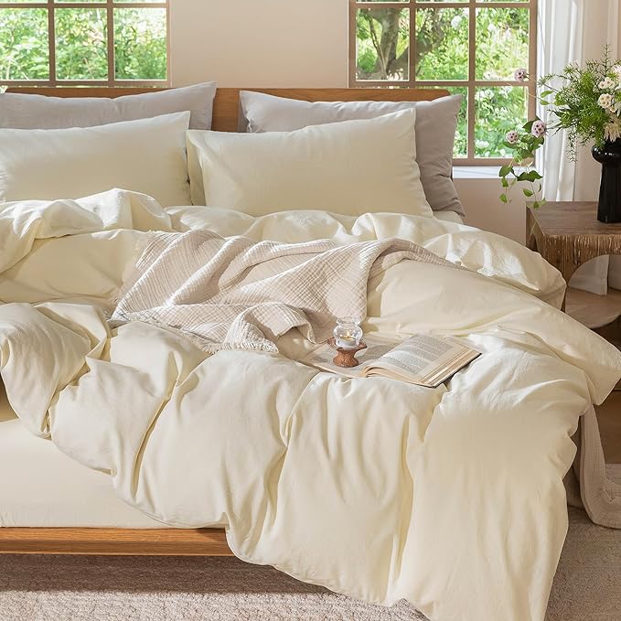MooMee Bedding Duvet Cover Set 100% Washed Cotton Linen Like Textured Breathable Durable Soft Comfy (Solid Cream White, King 104"x90")