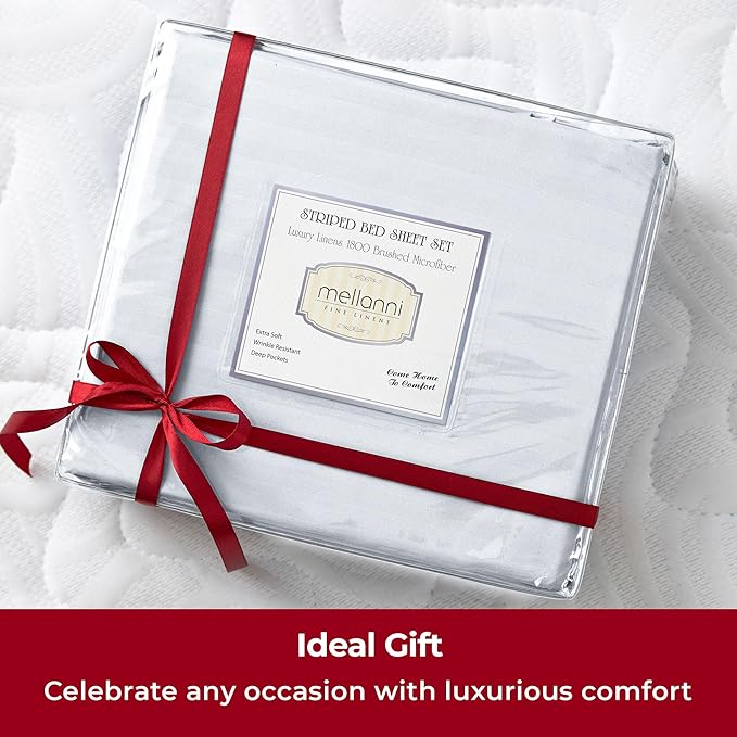 Mellanni Queen Sheets Set - 4 PC Iconic Collection Bedding - Hotel Luxury, Extra Soft, Cooling Bed Sheets - Wrinkle, Fade, Stain Resistant (Queen, Striped White)