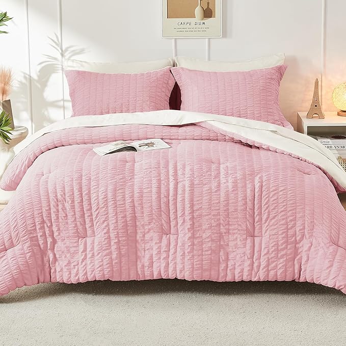HYMOKEGE Pink/Ivory Full Size Comforter Sets Seersucker 7 Pieces, All Season Luxury Bed in a Bag for Bedroom, Bedding Set with Comforter, Sheets, Pillowcases & Shams