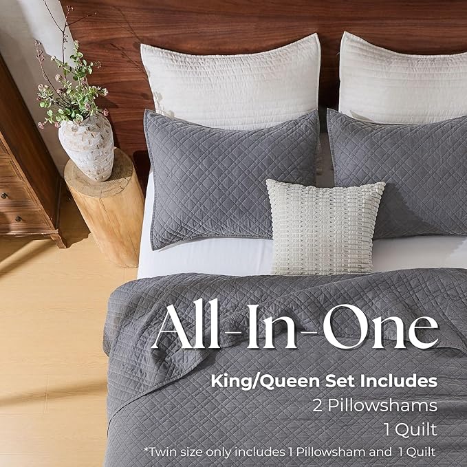 Cali King Quilt Set with Shams Lightweight Quilted Bedspread Coverlet Thin Comforter Bed Cover Vintage Washed Quilted Blanket for All Season, Brushed Microfiber Diamond Stitching, Ash Gray, 111"x92"