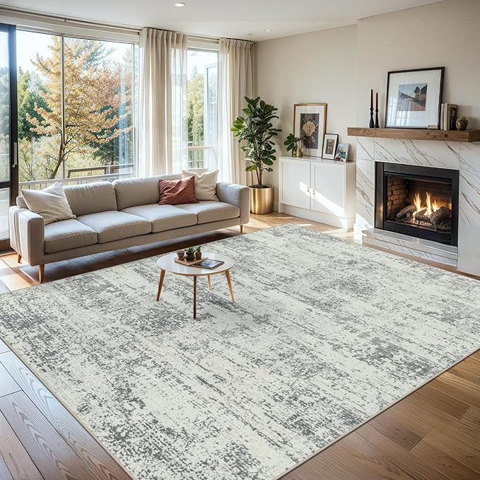 Area Rugs Living Room Rug - 4x6 Washable Modern Abstract Soft Neutral Non-Slip Carpet Large Indoor Floor Stain Resistant Thin Carpets for Bedroom Dining Room Farmhouse Nursery Home Office Grey