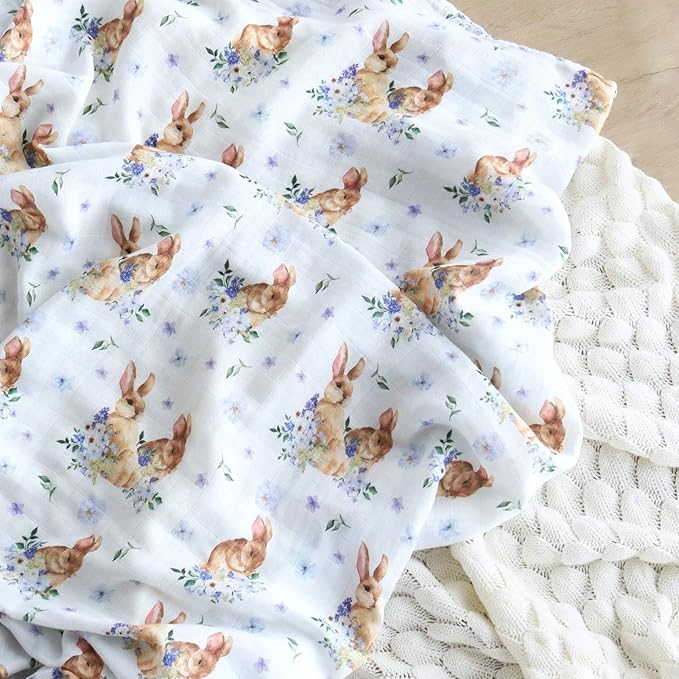 LifeTree Baby Swaddle Blankets, Muslin Swaddle Blankets Boys Girls Swaddling Wrap Receiving Blanket, 70% Viscose from Bamboo and 30% Cotton, Large 47" x 47", Floral and Rabbit Pattern