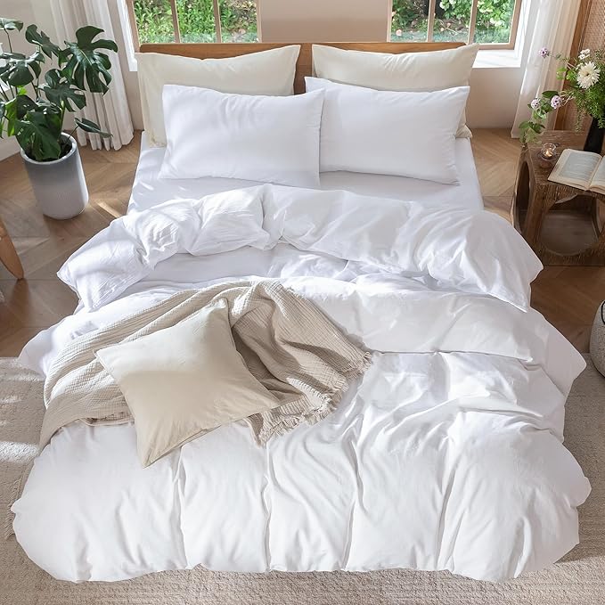 MooMee Bedding Duvet Cover Set 100% Washed Cotton Linen Like Textured Breathable Durable Soft Comfy (Solid Bright White, Twin 68"x90")