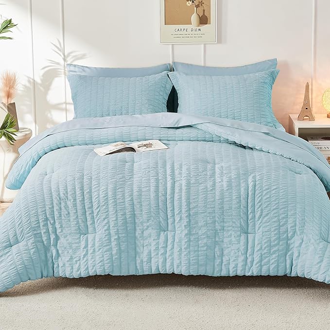 HYMOKEGE Lake Blue Full Size Comforter Sets Seersucker 7 Pieces, All Season Luxury Bed in a Bag for Bedroom, Bedding Set with Comforters, Sheets, Pillowcases & Shams