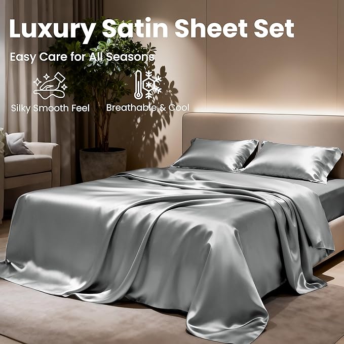 Love's cabin Twin XL Satin Sheet Sets - 3 Piece Dark Grey Silky Bed Sheets with Deep Pockets, Luxury Silk Feel Satin Sheet Set Twin XL (1 Flat Sheet,1 Fitted Sheet,1 Pillow case)