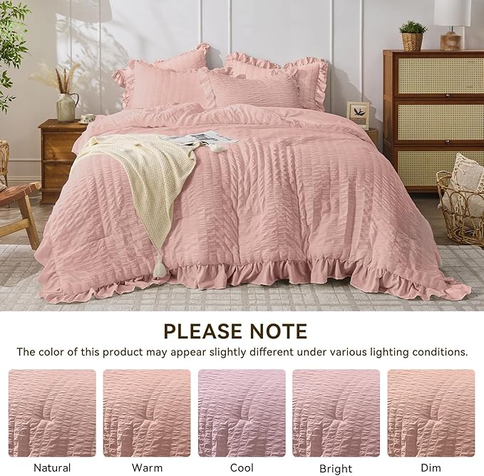 JOLLYVOGUE King Size Comforter Set, 3 Pieces Rose Gold Seersucker Comforters King Size, Lightweight & Fluffy Bedding Sets King for All Season with 1 Ruffle Comforter and 2 Ruffle Pillowshams
