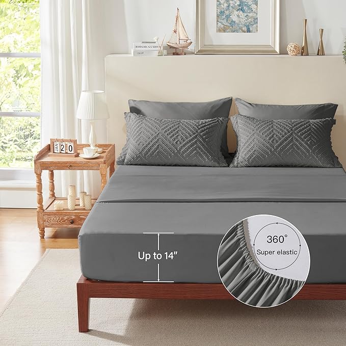 Zzlpp Queen Comforter Set 7 Pieces, Dark Grey Tufted Bed in a Bag with Comforter and Sheets,All Season Boho Bedding Sets with Comforter, 2 Pillow Shams, 2 Pillowcases, 1 Flat Sheet, 1 Fitted Sheet