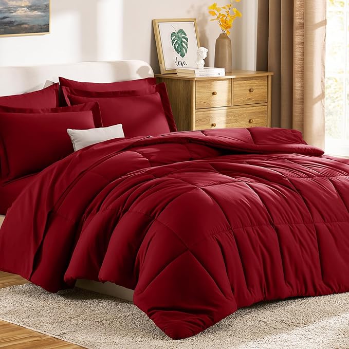 CozyLux Queen Comforter Set Dark Red - 7 Pieces Bed in a Bag Queen, All Season Breathable Bedding Sets, Oeko-Tex Certified Bed Set with Down Alternative Comforter, Sheets, Pillowcases & Pillow Shams