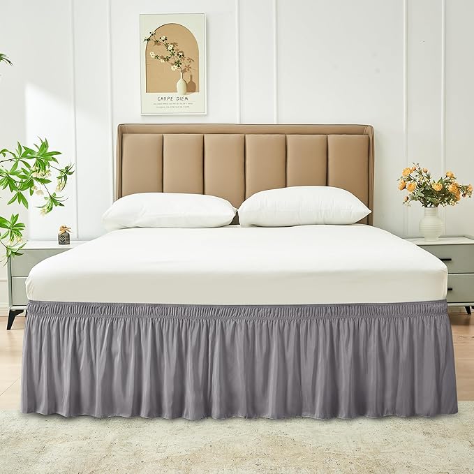Biscaynebay Wrap Around Bed Skirts for Twin & Twin XL Beds 17" Drop, Silver Grey Adjustable Elastic Dust Ruffles Easy Fit Wrinkle & Fade Resistant Silky Luxurious Fabric Solid Machine Washable