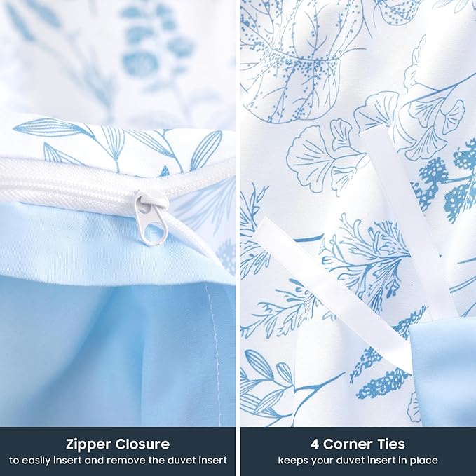 Wake In Cloud - Floral Duvet Cover Set, Botanical Vintage Flower Coquette Cottagecore Aesthetic for Women Teen Girls, Soft Lightweight Bedding, 3-Piece, Blue, Twin/Twin XL Size