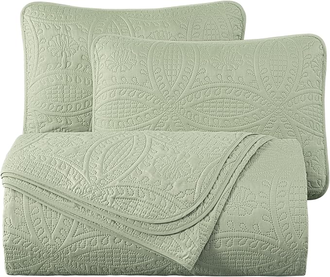 Chezmoi Collection Austin 3-Piece Oversized Bedspread Coverlet Set (King, Sage)