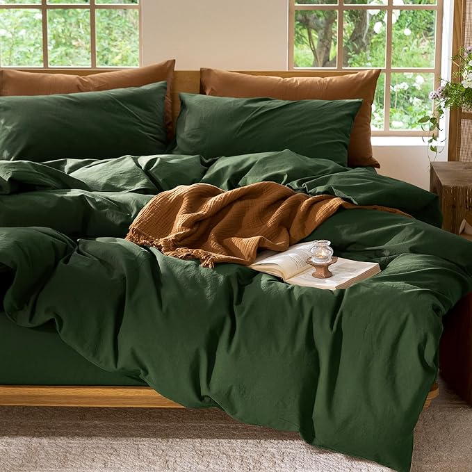 MooMee Bedding Duvet Cover Set 100% Washed Cotton Linen Like Textured Breathable Durable Soft Comfy (Solid Forest Green, Alaska King 132"x120")