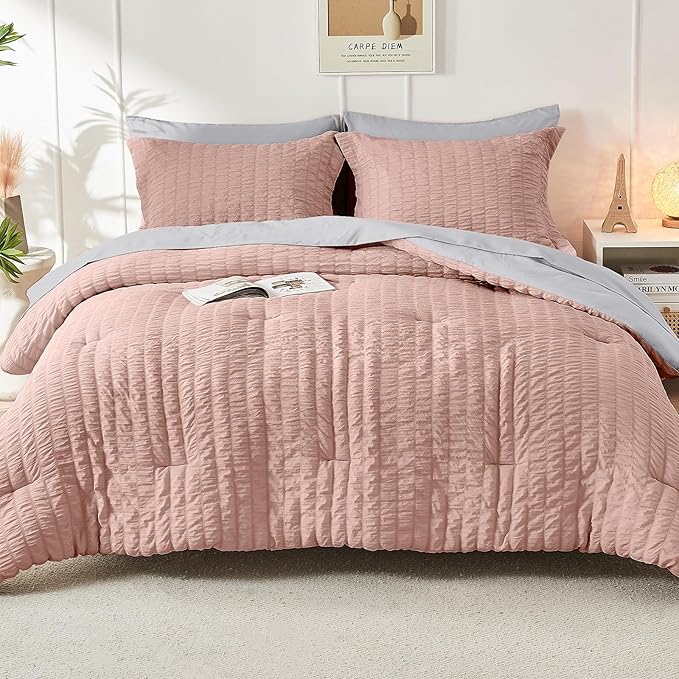 HYMOKEGE Rose Gold/Light Grey Full Size Comforter Sets Seersucker 7 Pieces, All Season Luxury Bed in a Bag for Bedroom, Bedding Set with Comforter, Sheets, Pillowcases & Shams