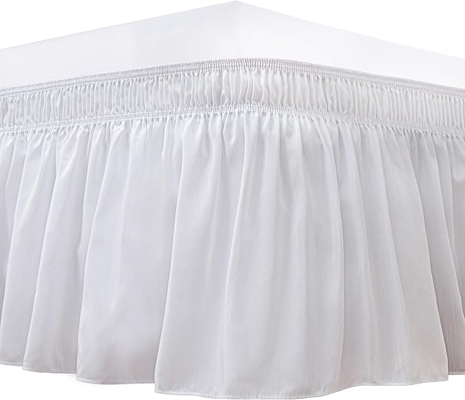 Wrap Around Bed Skirts Elastic Dust Ruffles, Easy Fit Wrinkle and Fade Resistant Silky Microfiber Fabric Solid Color Bedskirt, 12 Inch Tailored Drop White for RV King Size Bed Skirt
