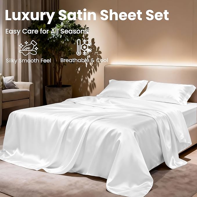Love's cabin Satin Queen Sheets Set - 4 Piece White Silky Bed Sheets with Deep Pocket, Luxury Silk Feel Satin Queen Size Sheet Set (1 Flat Sheet,1 Fitted Sheet,2 Pillow Cases)