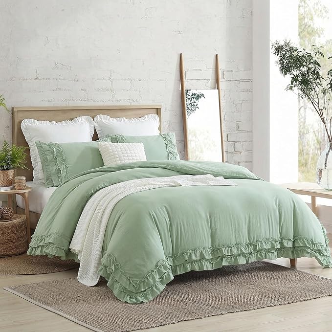 Bedorm Sage Green Ruffled Duvet Cover Twin Size Bedding Set Pleated Lace Ruffle Shabby Chic Bedroom Decor Extra Soft Cozy Farmhouse Country Style Duvet Cover Sets